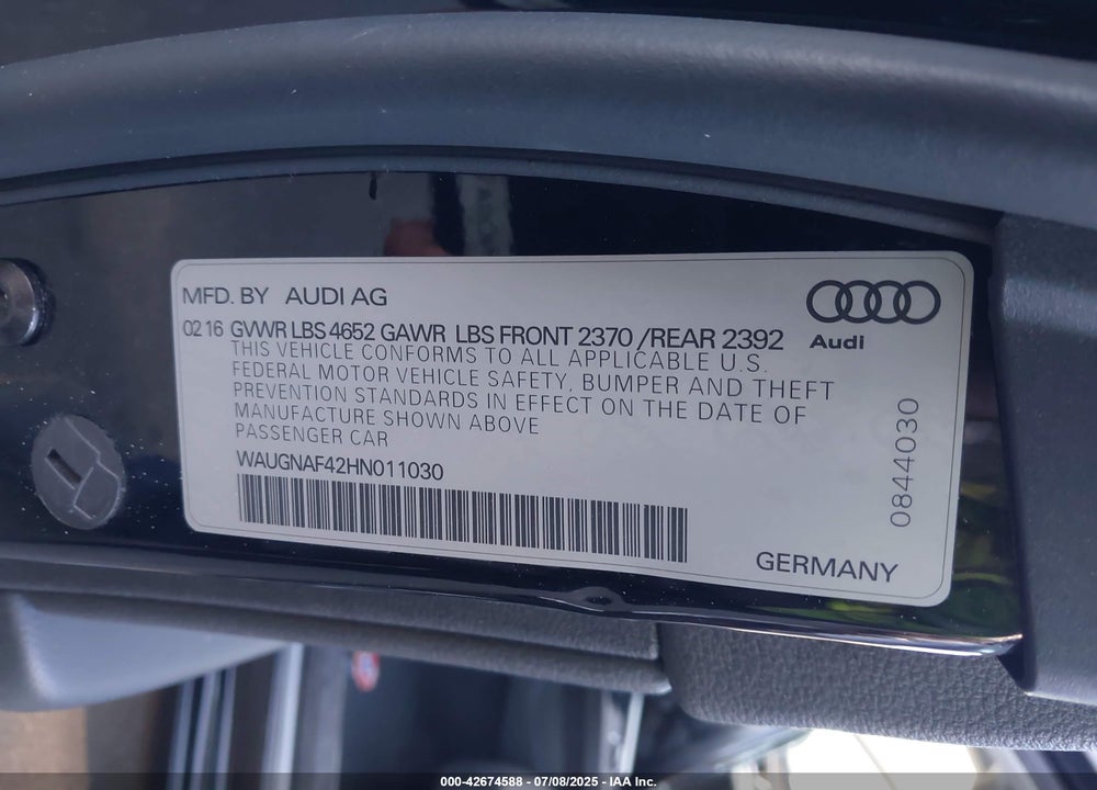 2017 AUDI A4 2.0T PREMIUM VIN: WAUGNAF42HN011030