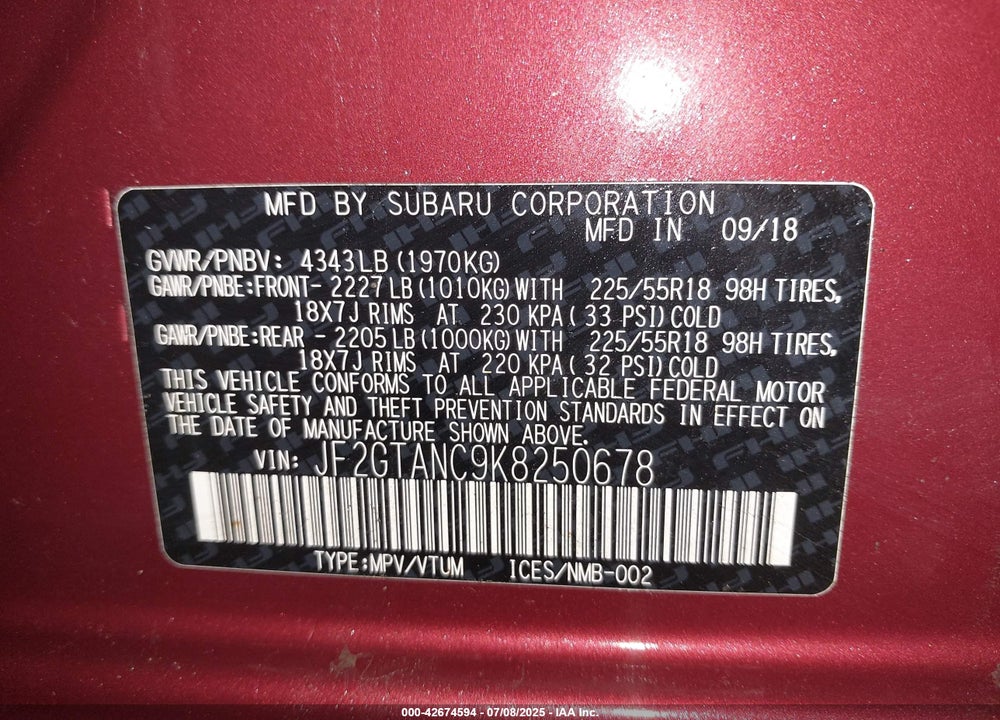 2019 SUBARU CROSSTREK VIN: JF2GTANC9K8250678