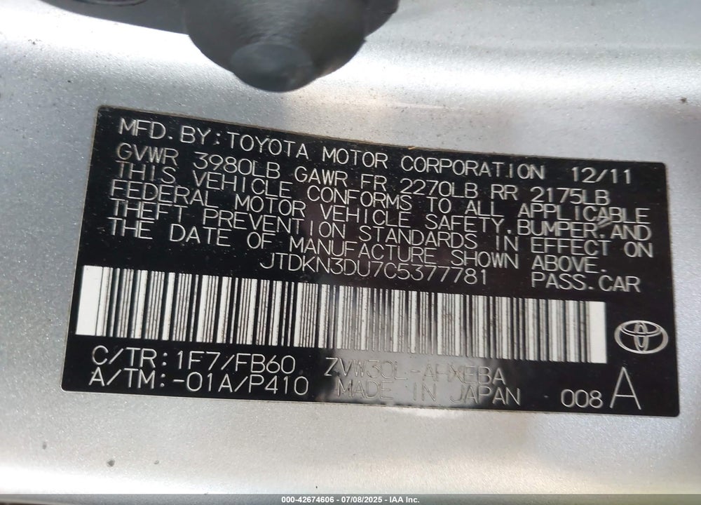 2012 TOYOTA PRIUS VIN: JTDKN3DU7C5377781