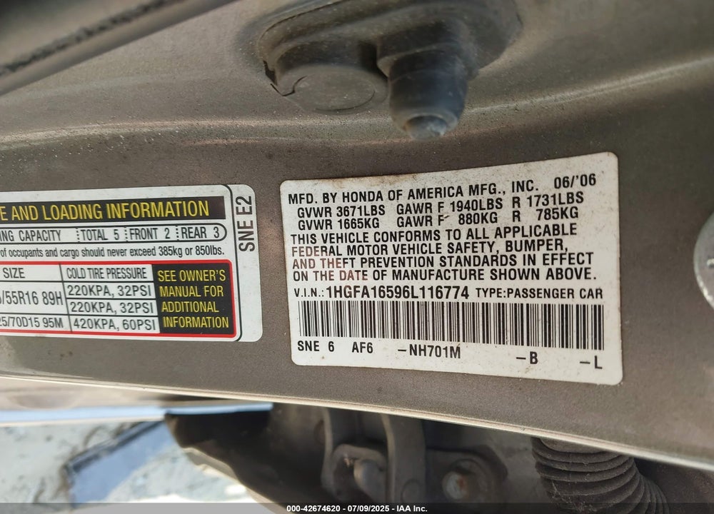 2006 HONDA CIVIC LX VIN: 1HGFA16596L116774