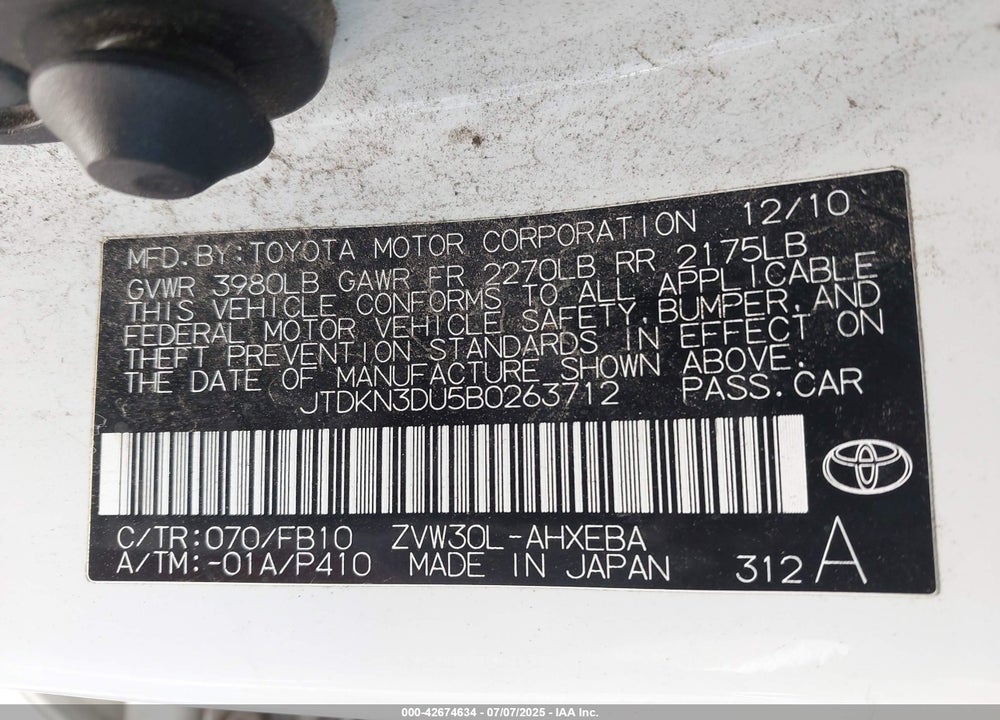 2011 TOYOTA PRIUS VIN: JTDKN3DU5B0263712