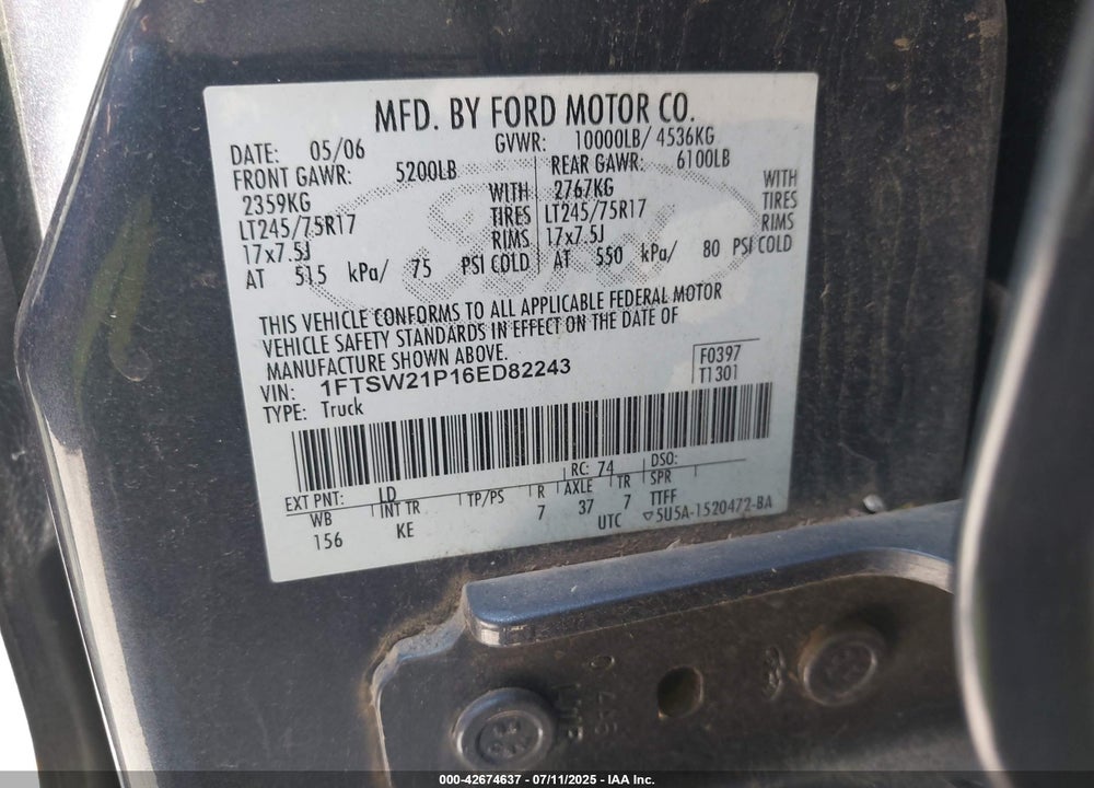 2006 FORD F-250 LARIAT/XL/XLT VIN: 1FTSW21P16ED82243