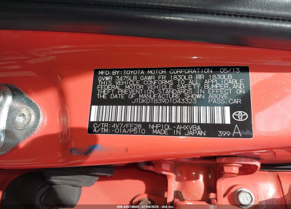 2013 TOYOTA PRIUS C TWO VIN: JTDKDTB39D1043323