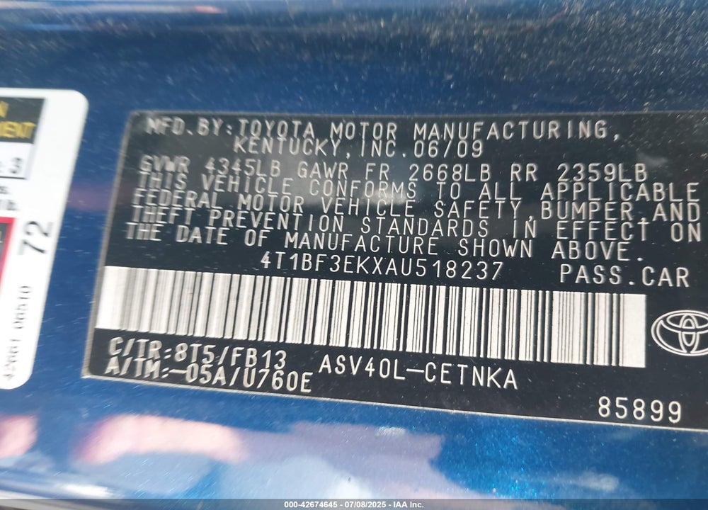 2010 TOYOTA CAMRY VIN: 4T1BF3EKXAU518237