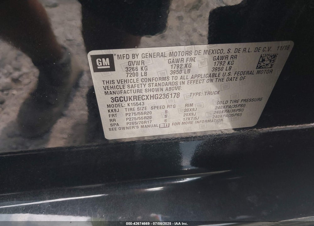 2017 CHEVROLET SILVERADO 1500 VIN: 3GCUKRECXHG236178
