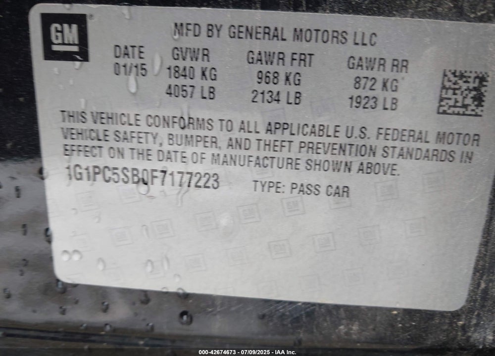 2015 CHEVROLET CRUZE 1LT AUTO VIN: 1G1PC5SB0F7177223