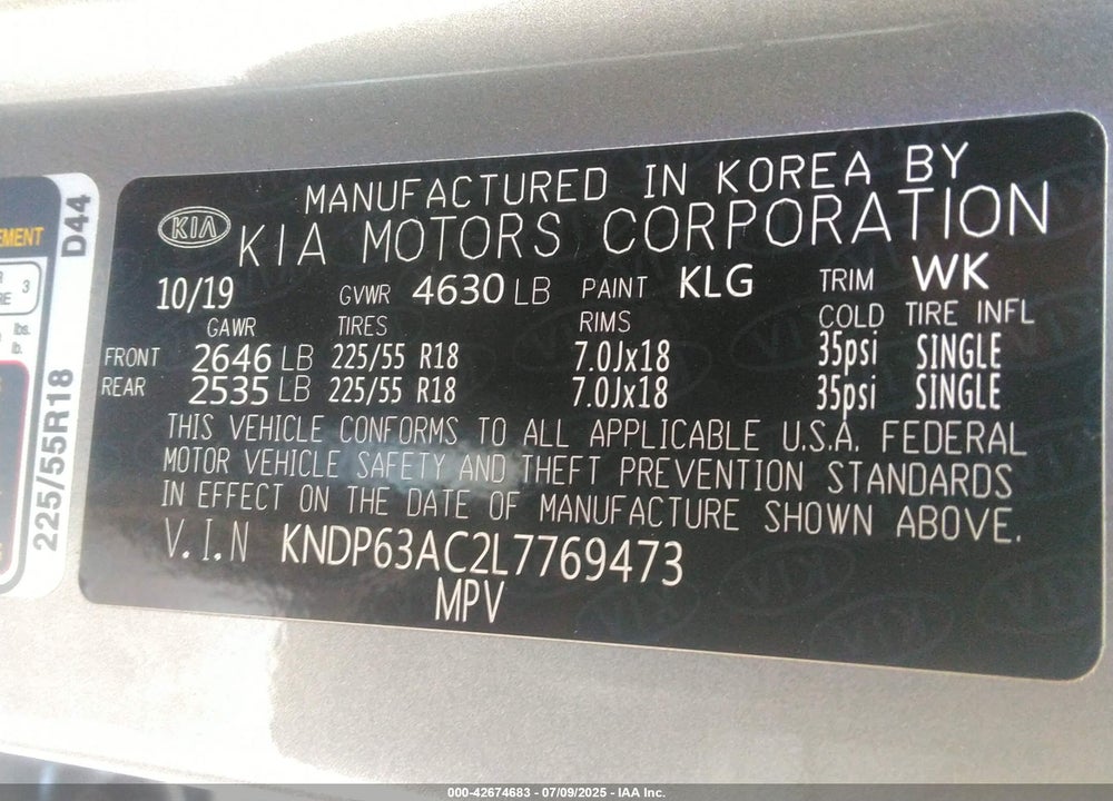 2020 KIA SPORTAGE VIN: KNDP63AC2L7769473