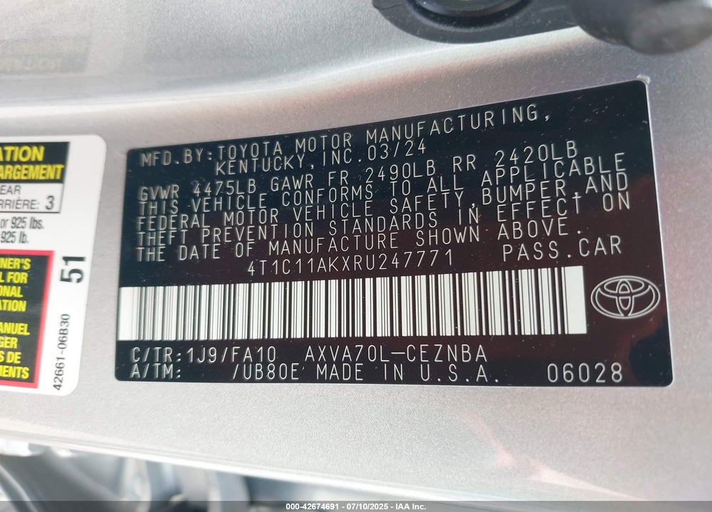 2024 TOYOTA CAMRY LE VIN: 4T1C11AKXRU247771