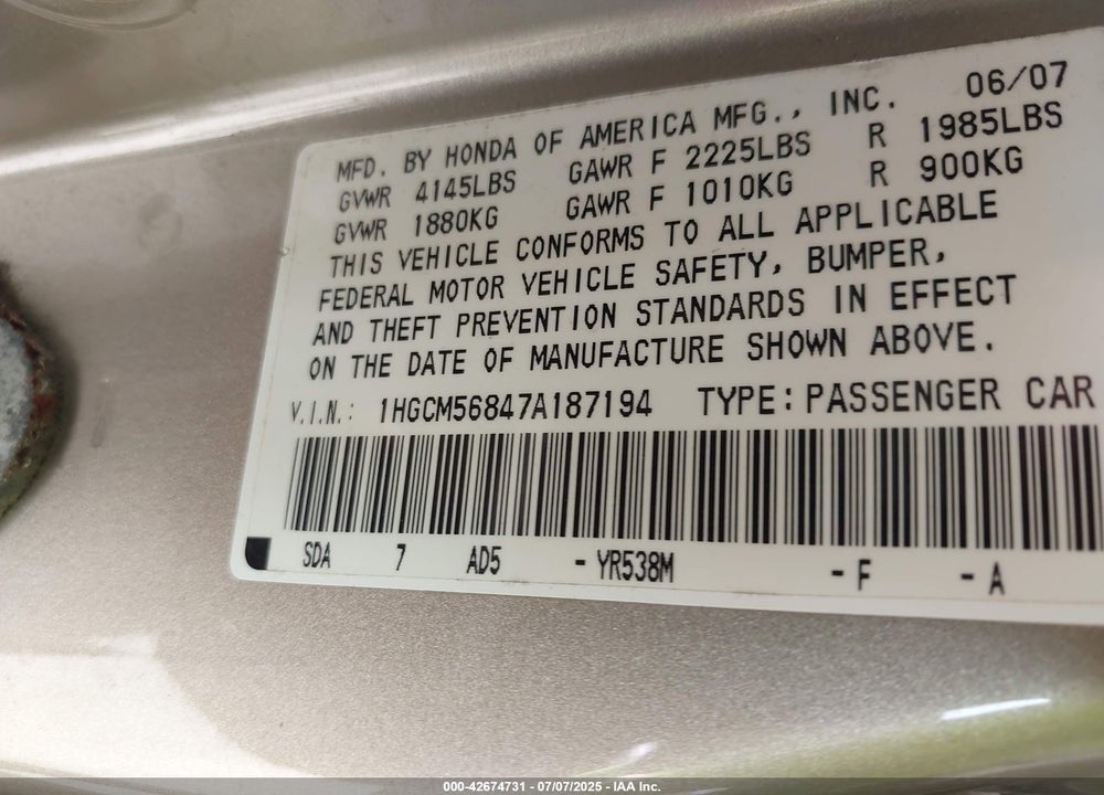 2007 HONDA ACCORD 2.4 EX VIN: 1HGCM56847A187194