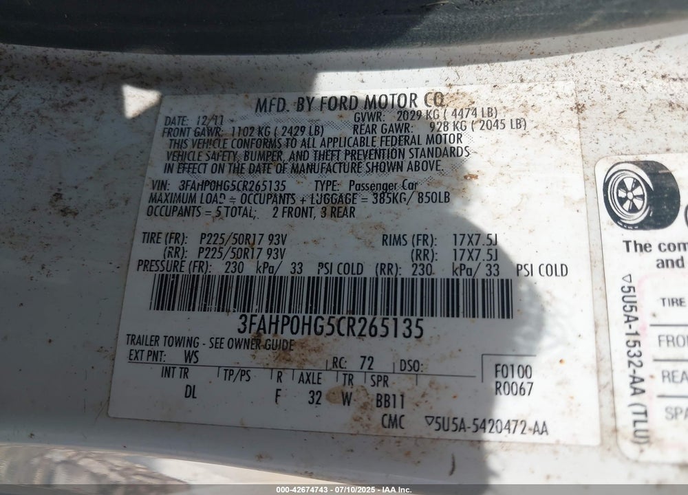 2012 FORD FUSION VIN: 3FAHP0HG5CR265135