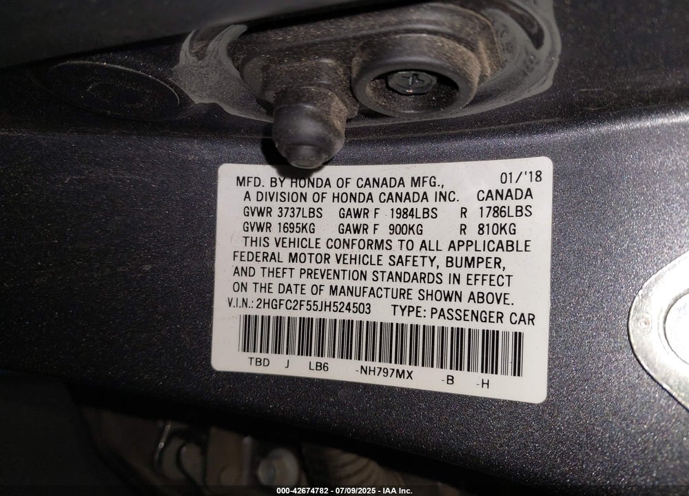 2018 HONDA CIVIC VIN: 2HGFC2F55JH524503