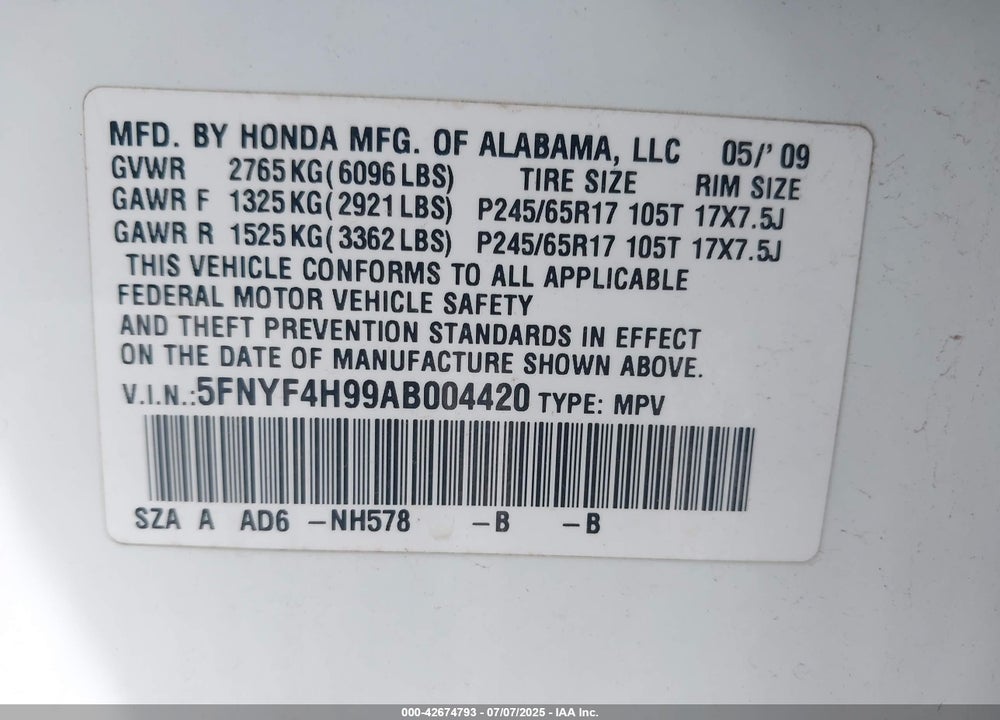 2010 HONDA PILOT VIN: 5FNYF4H99AB004420
