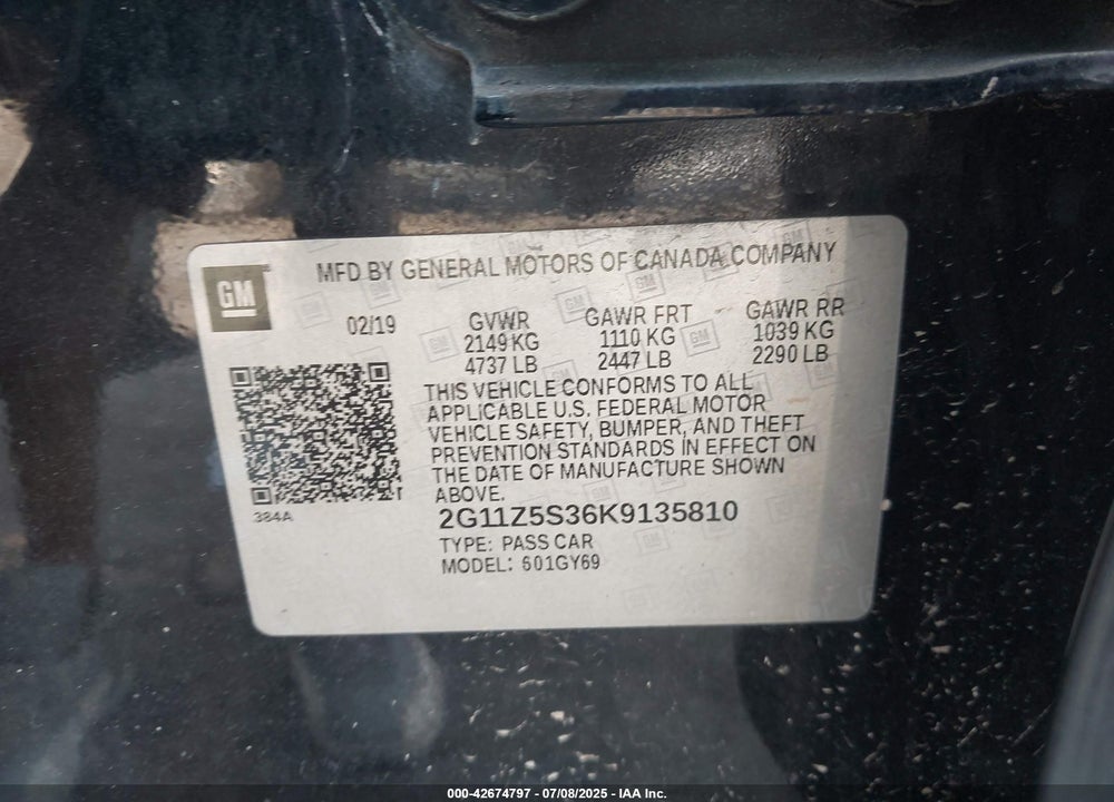 2019 CHEVROLET IMPALA VIN: 2G11Z5S36K9135810