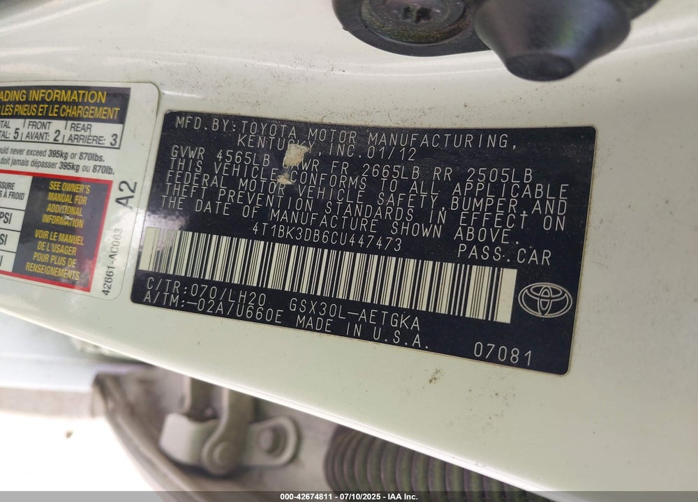 2012 TOYOTA AVALON VIN: 4T1BK3DB6CU447473
