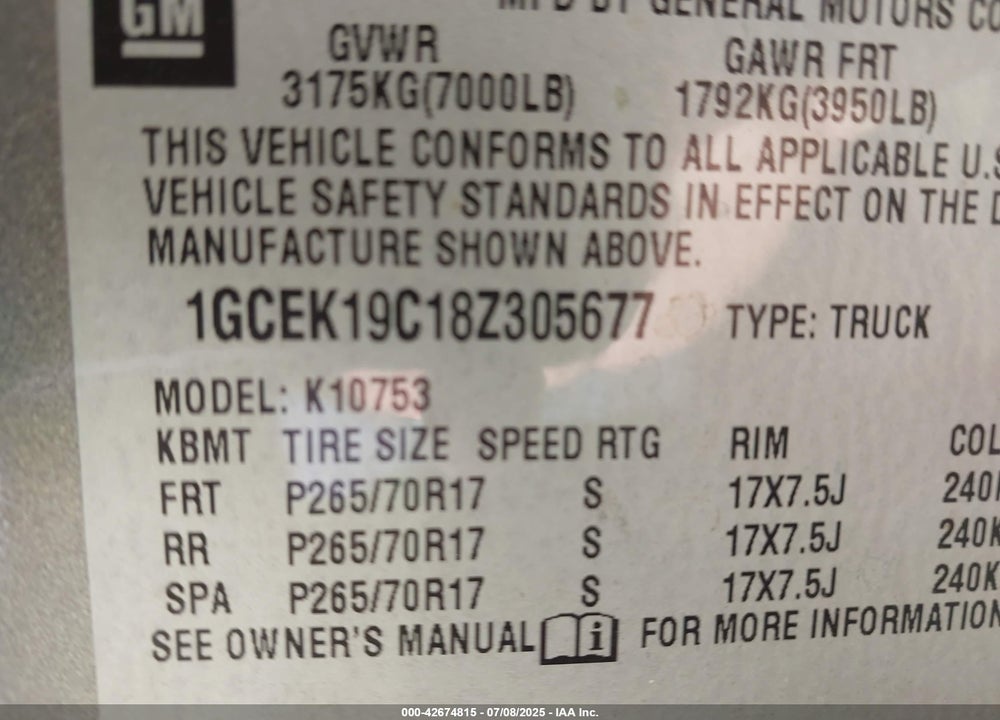2008 CHEVROLET SILVERADO 1500 VIN: 1GCEK19C18Z305677