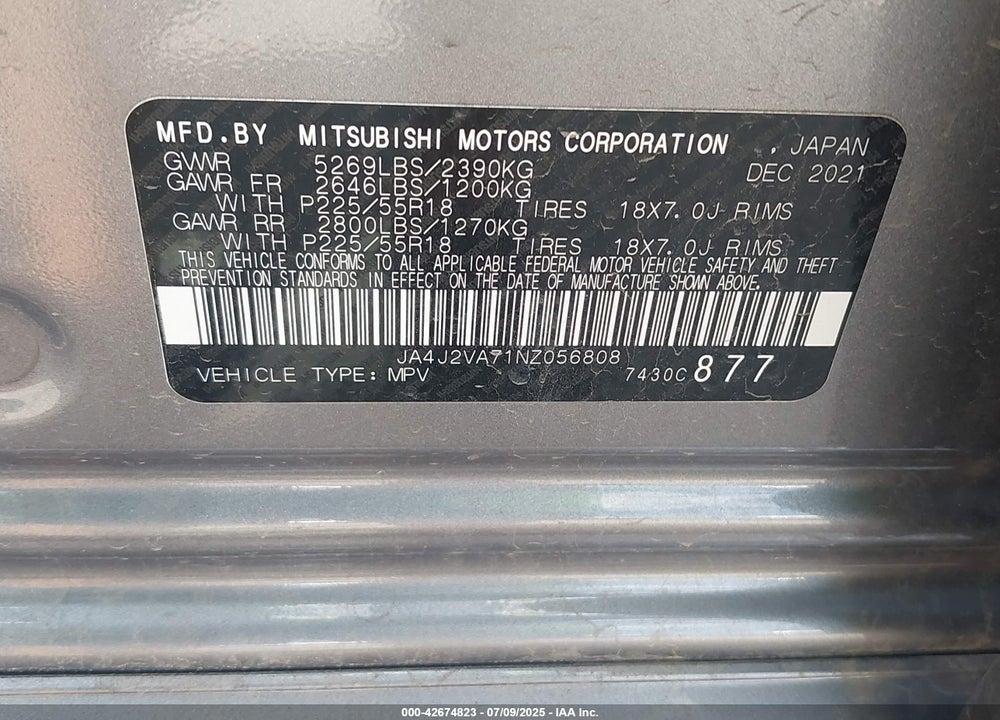 2022 MITSUBISHI OUTLANDER VIN: JA4J2VA71NZ056808