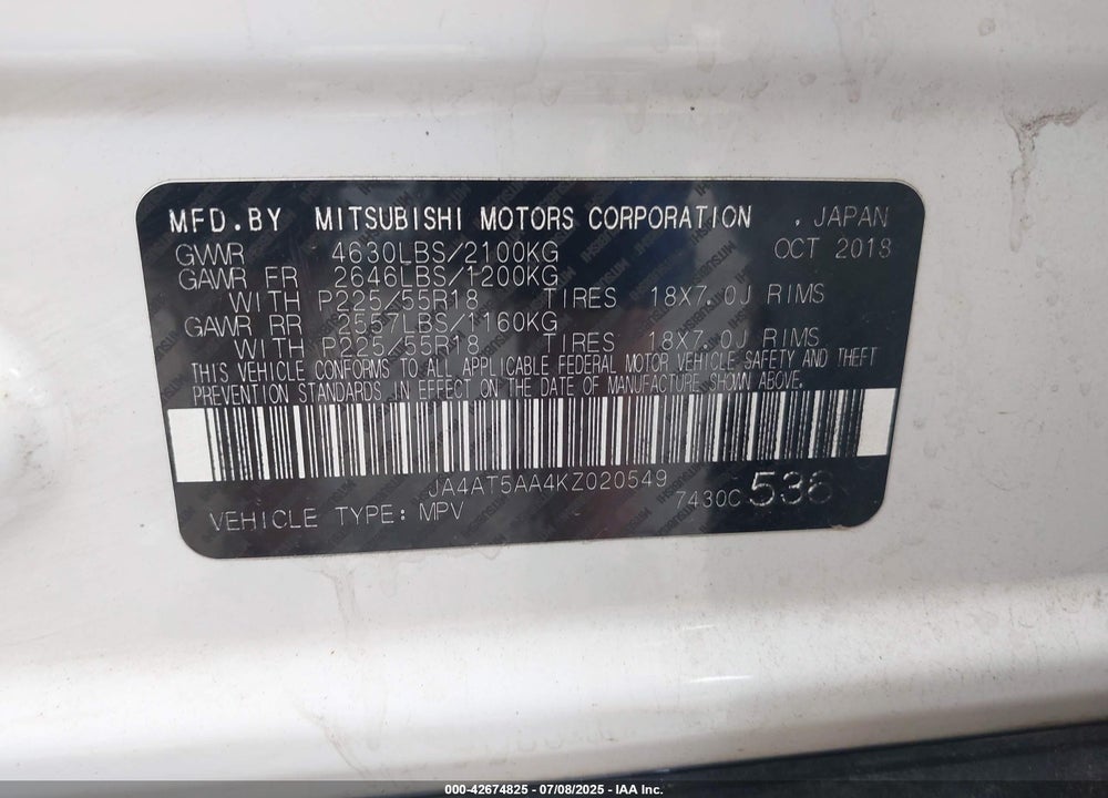2019 MITSUBISHI ECLIPSE CROSS VIN: JA4AT5AA4KZ020549