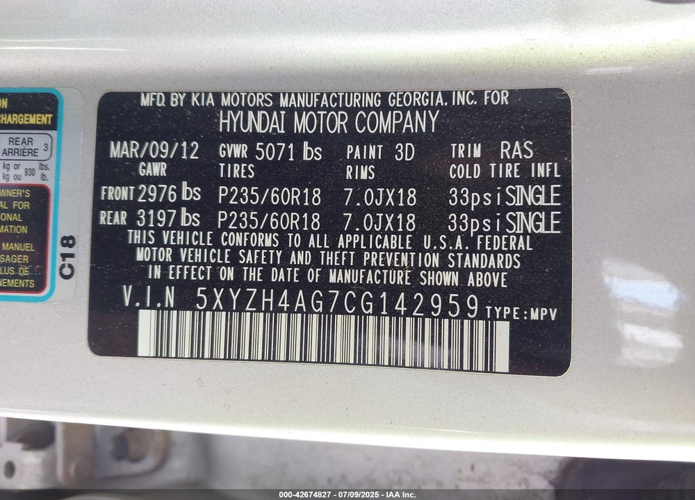 2012 HYUNDAI SANTA FE VIN: 5XYZH4AG7CG142959