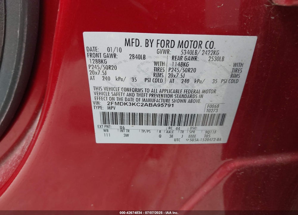 2010 FORD EDGE VIN: 2FMDK3KC2ABA95791