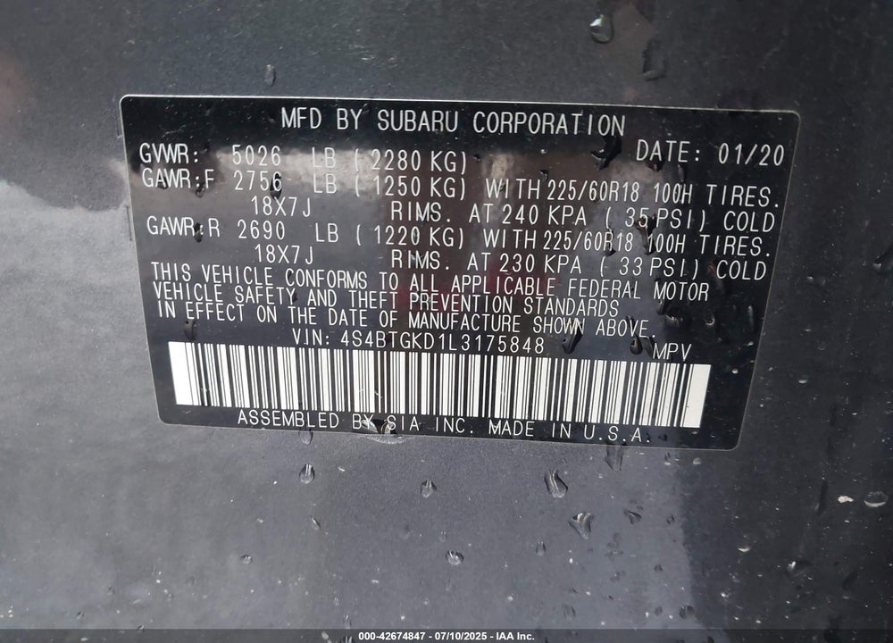 2020 SUBARU OUTBACK ONYX EDITION XT VIN: 4S4BTGKD1L3175848