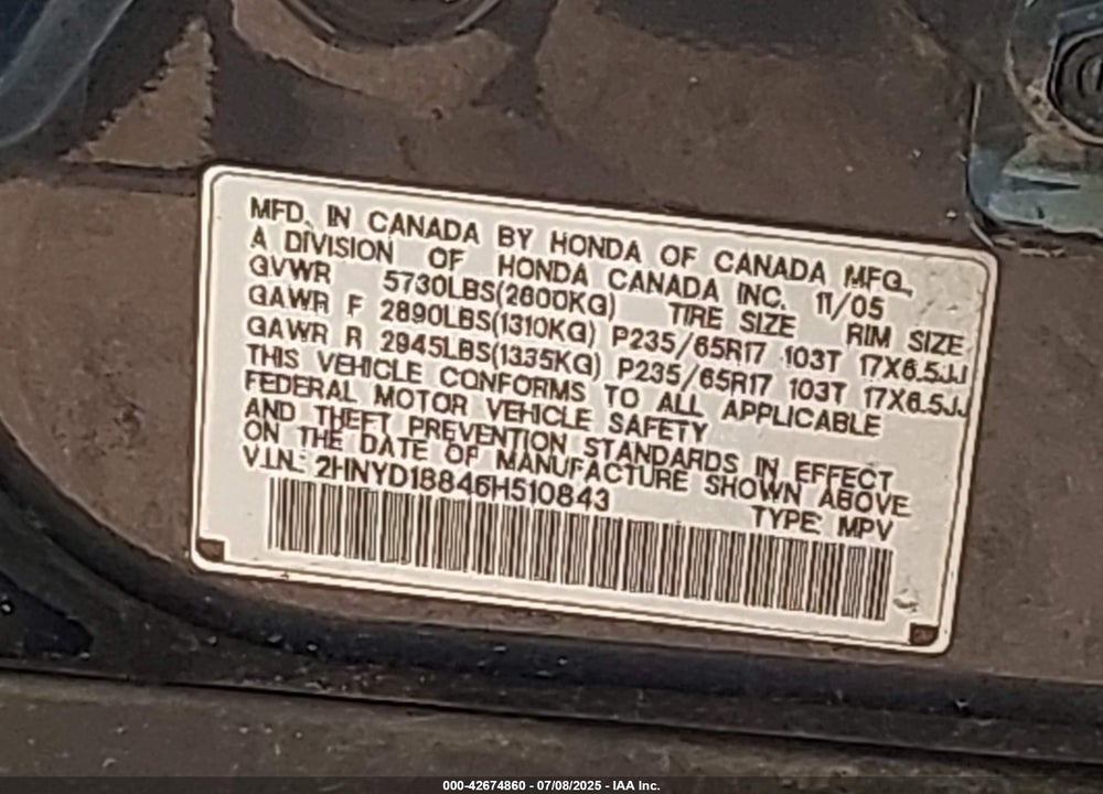 2006 ACURA MDX VIN: 2HNYD18846H510843