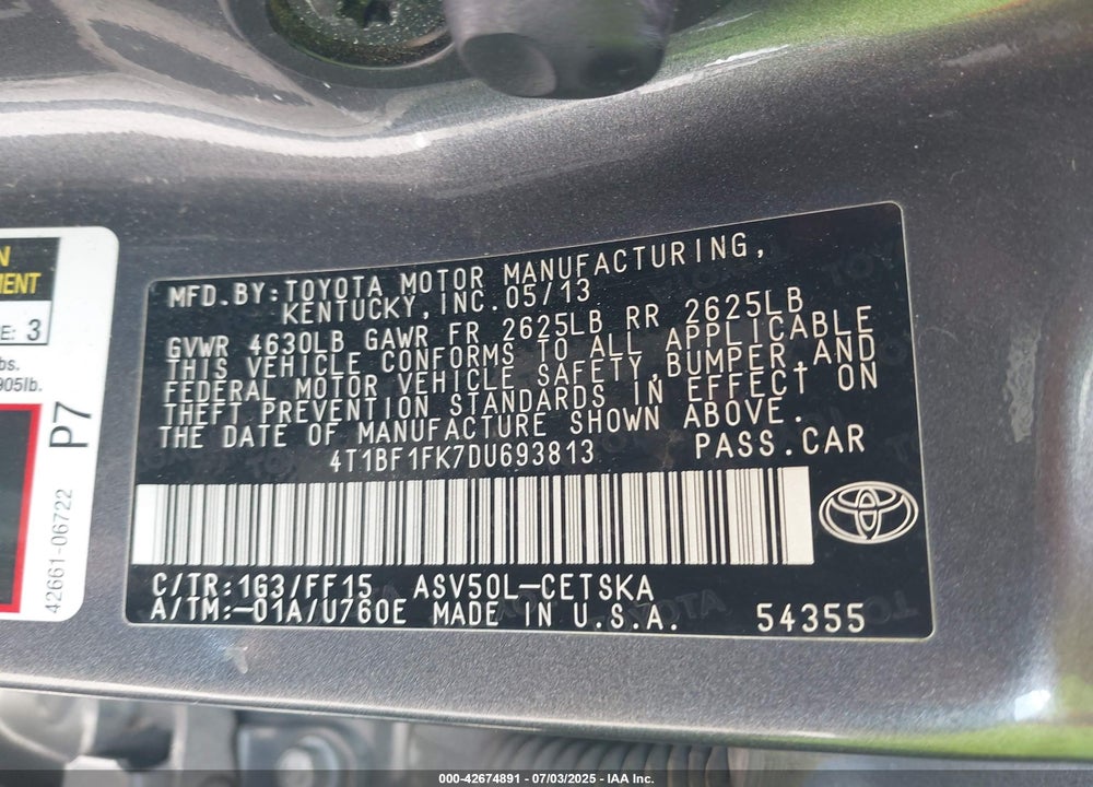 2013 TOYOTA CAMRY VIN: 4T1BF1FK7DU693813