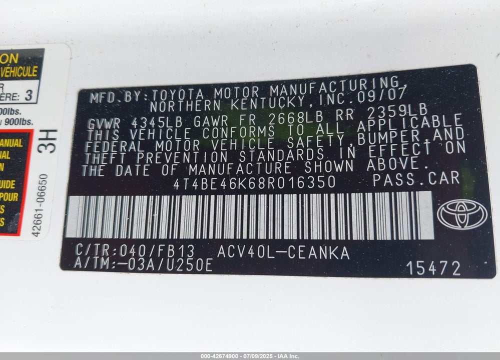 2008 TOYOTA CAMRY VIN: 4T4BE46K68R016350