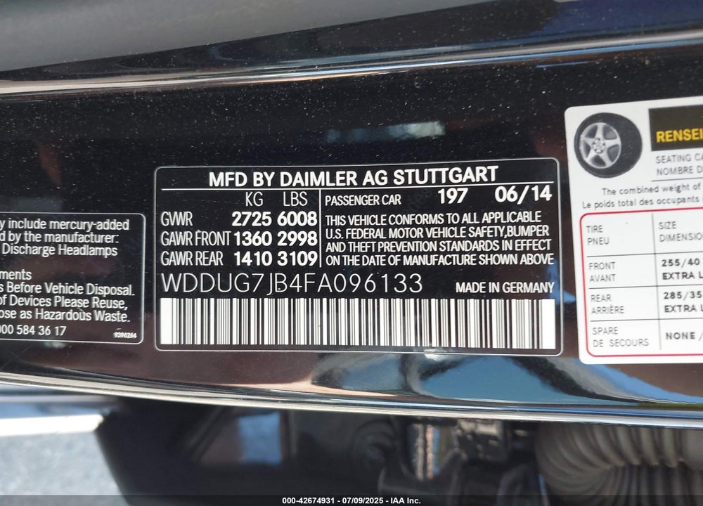 2015 MERCEDES-BENZ S CLASS VIN: WDDUG7JB4FA096133