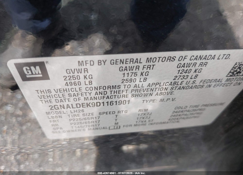 2013 CHEVROLET EQUINOX 1LT VIN: 2GNALDEK9D1161901