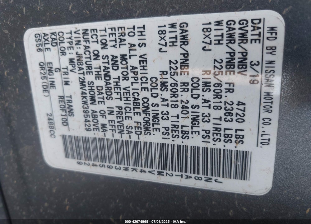 2019 NISSAN ROGUE VIN: JN8AT2MV4KW395429