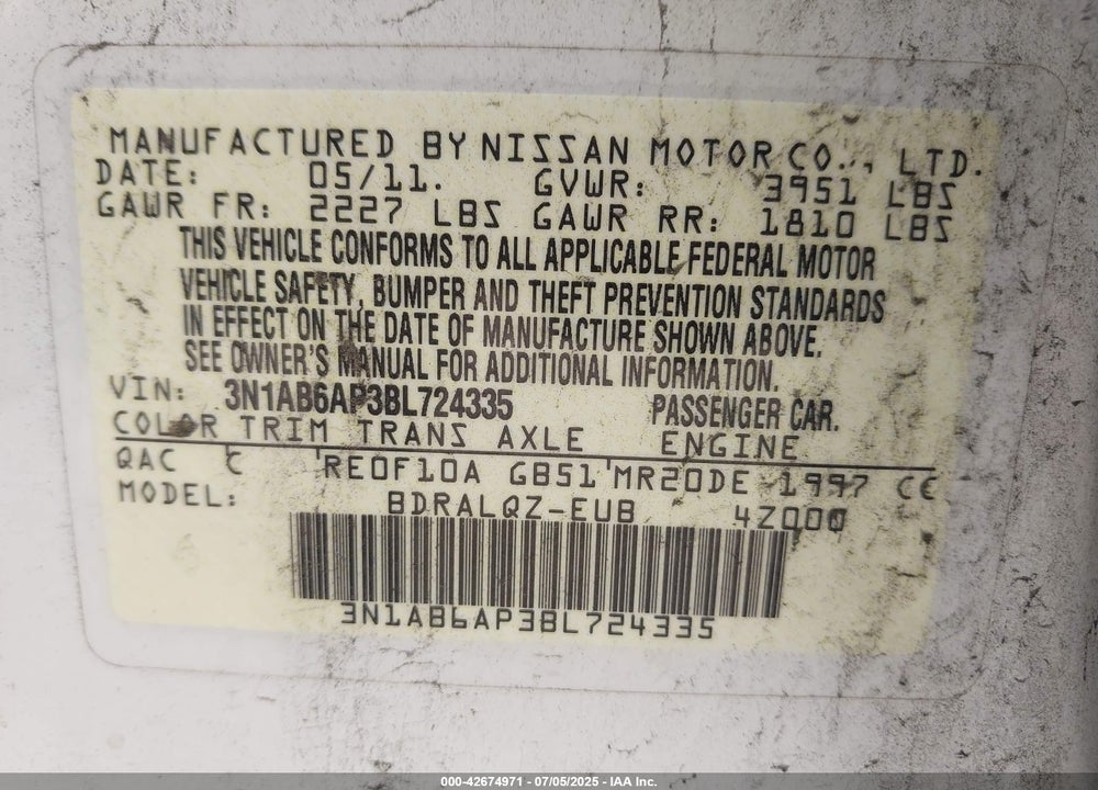 2011 NISSAN SENTRA VIN: 3N1AB6AP3BL724335