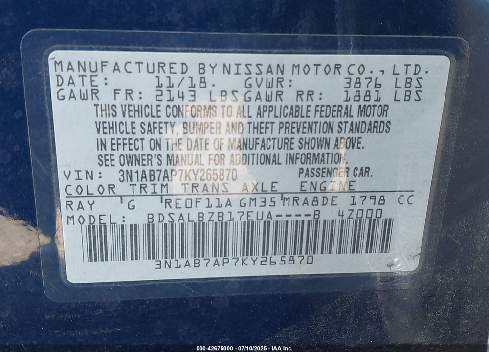 2019 NISSAN SENTRA VIN: 3N1AB7AP7KY265870