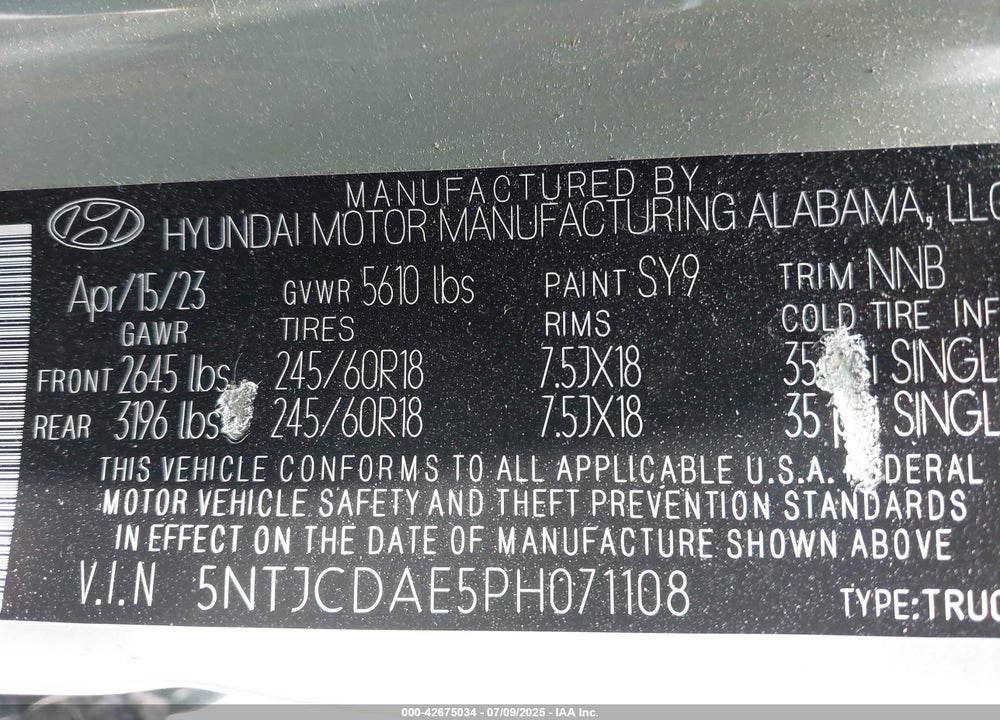 2023 HYUNDAI SANTA CRUZ VIN: 5NTJCDAE5PH071108