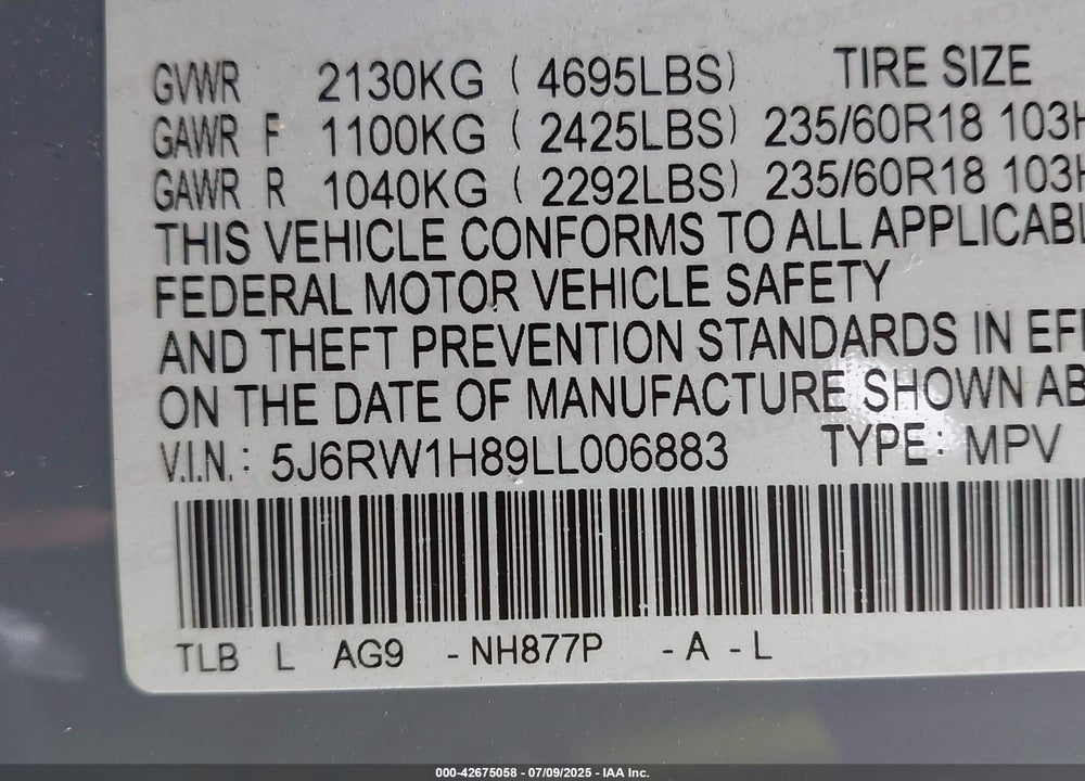 2020 HONDA CR-V VIN: 5J6RW1H89LL006883