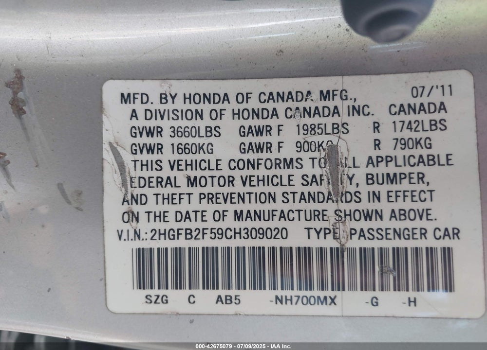 2012 HONDA CIVIC VIN: 2HGFB2F59CH309020