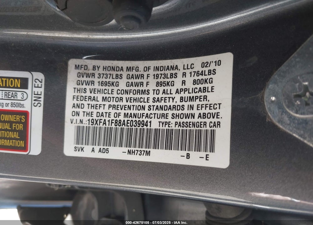 2010 HONDA CIVIC VIN: 19XFA1F88AE039941
