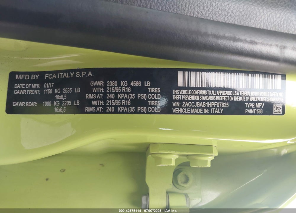 2017 JEEP RENEGADE VIN: ZACCJBAB1HPF07825