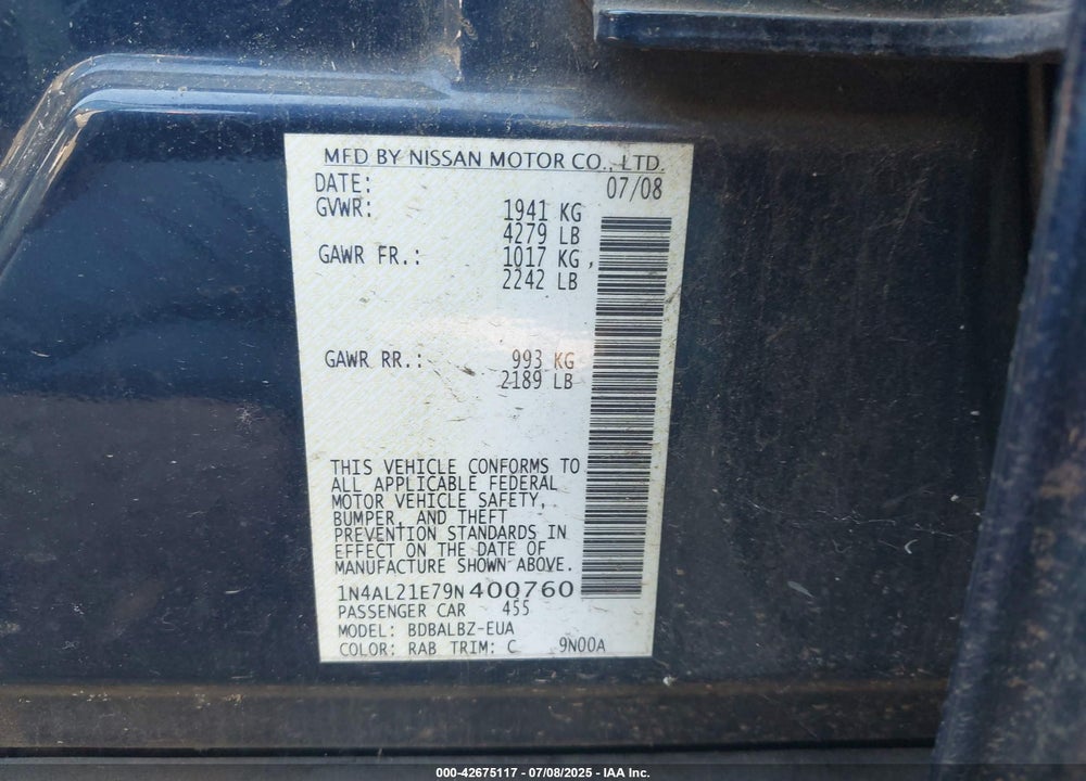 2009 NISSAN ALTIMA VIN: 1N4AL21E79N400760