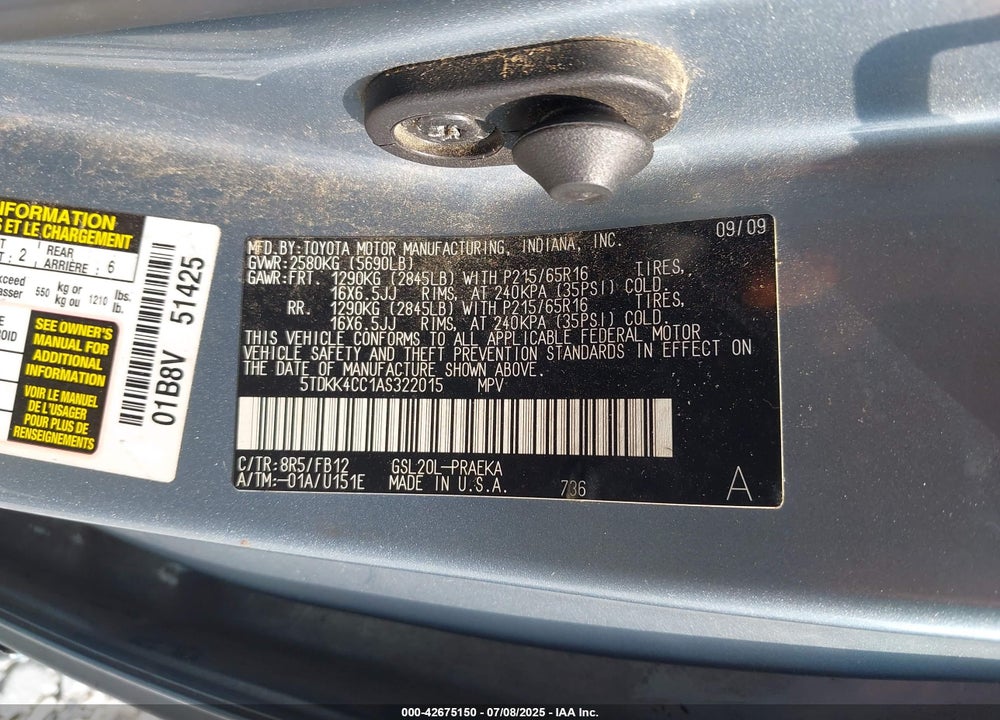 2010 TOYOTA SIENNA VIN: 5TDKK4CC1AS322015