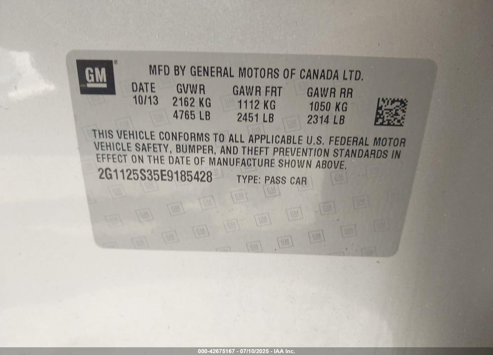 2014 CHEVROLET IMPALA 2LT VIN: 2G1125S35E9185428
