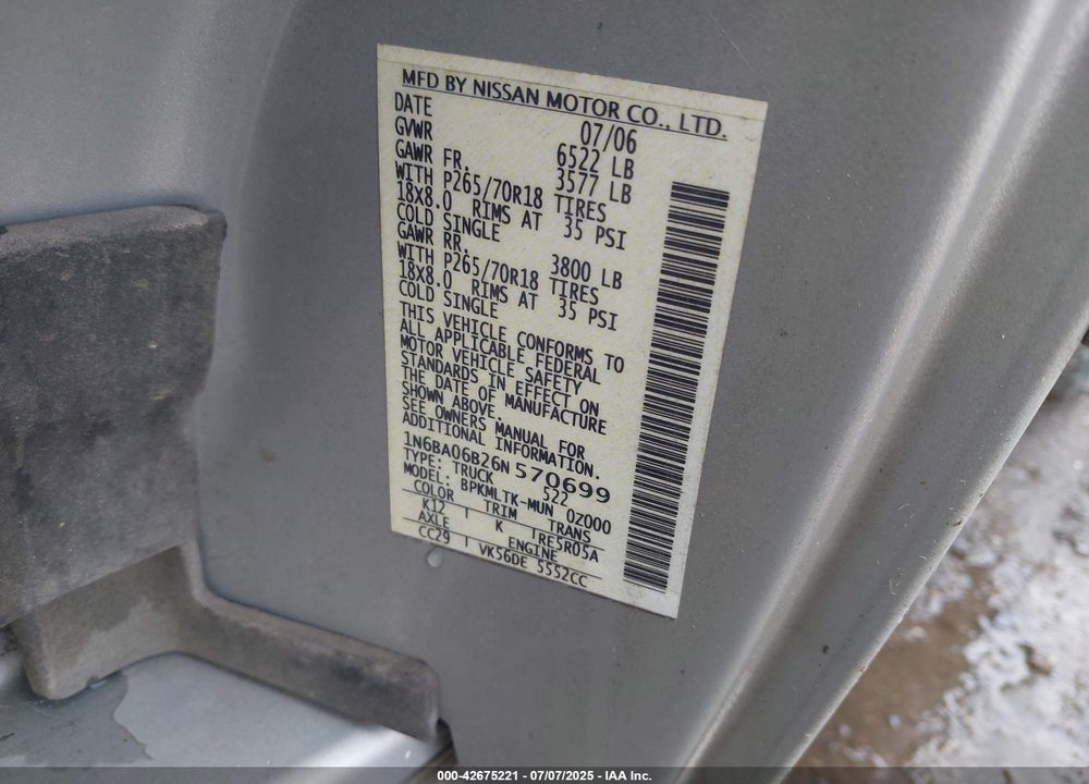 2006 NISSAN TITAN VIN: 1N6BA06B26N570699