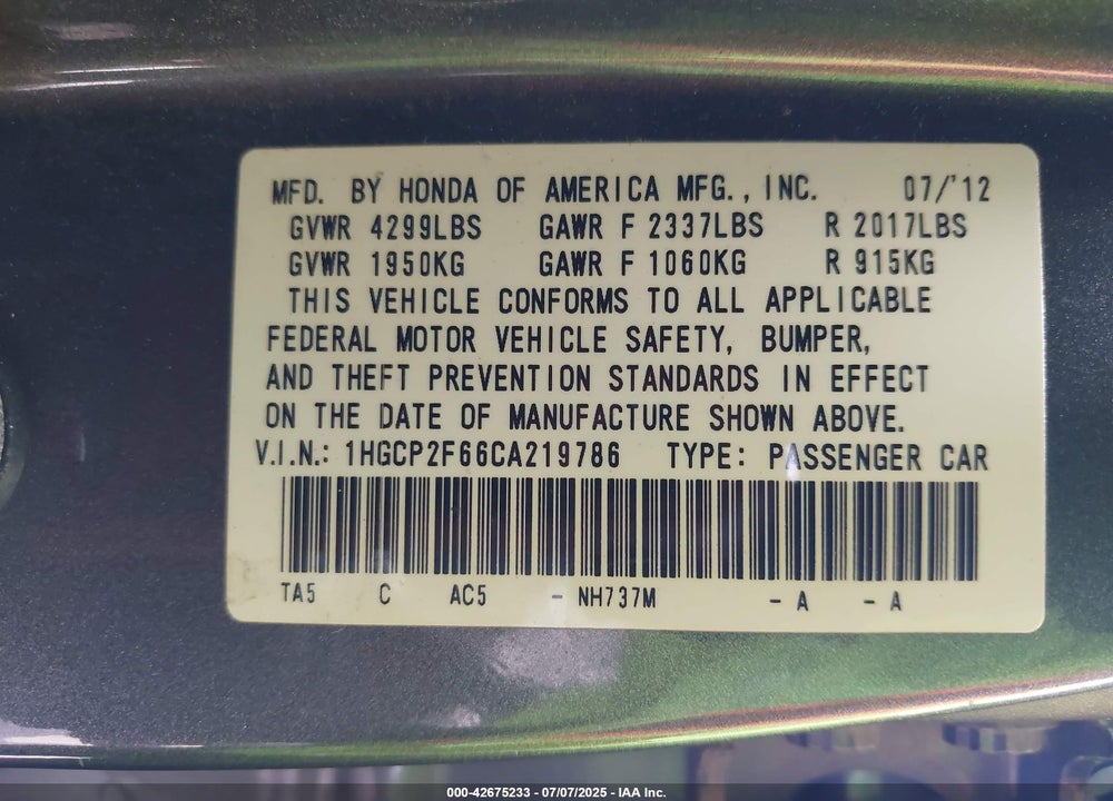 2012 HONDA ACCORD VIN: 1HGCP2F66CA219786