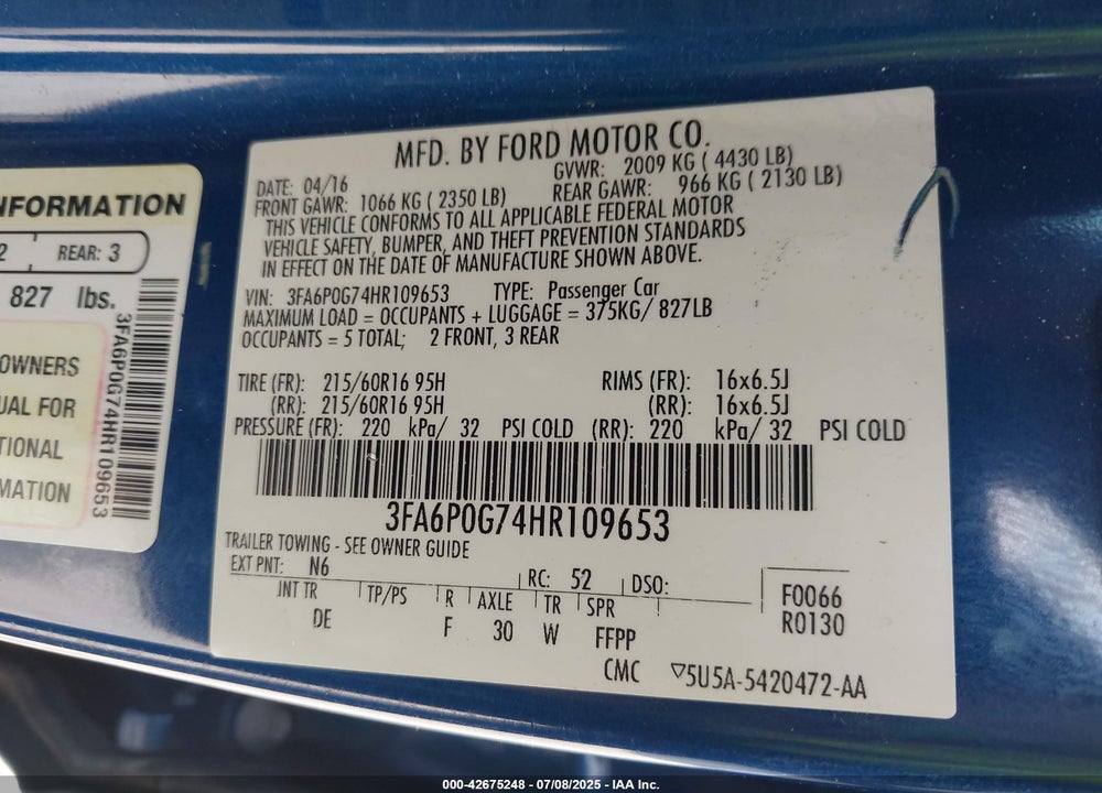 2017 FORD FUSION VIN: 3FA6P0G74HR109653