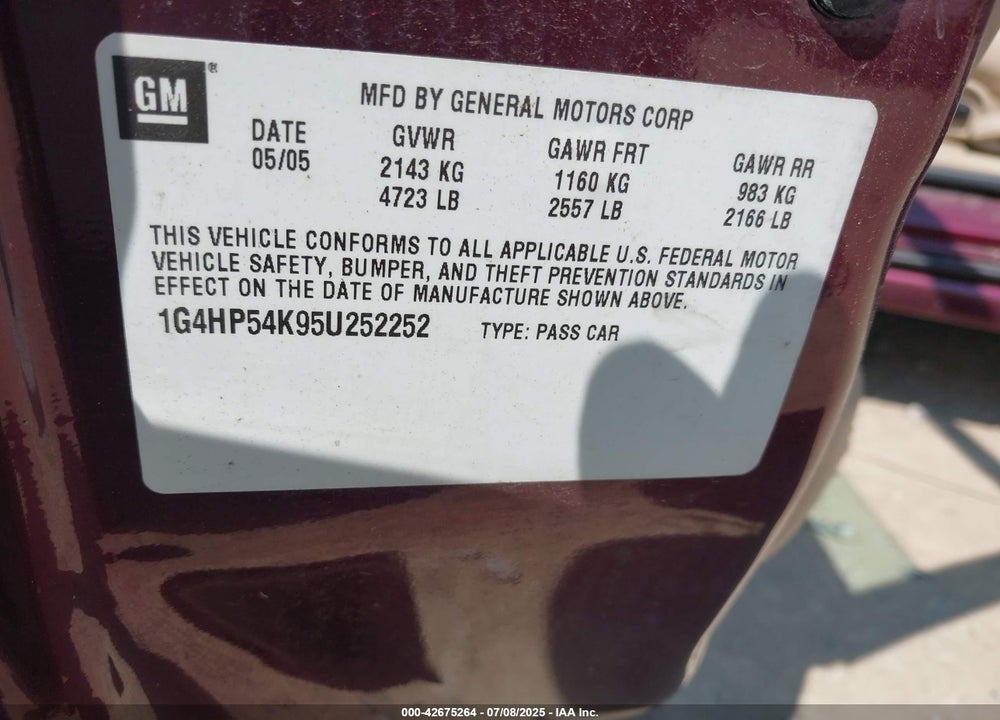 2005 BUICK LESABRE CUSTOM VIN: 1G4HP54K95U252252