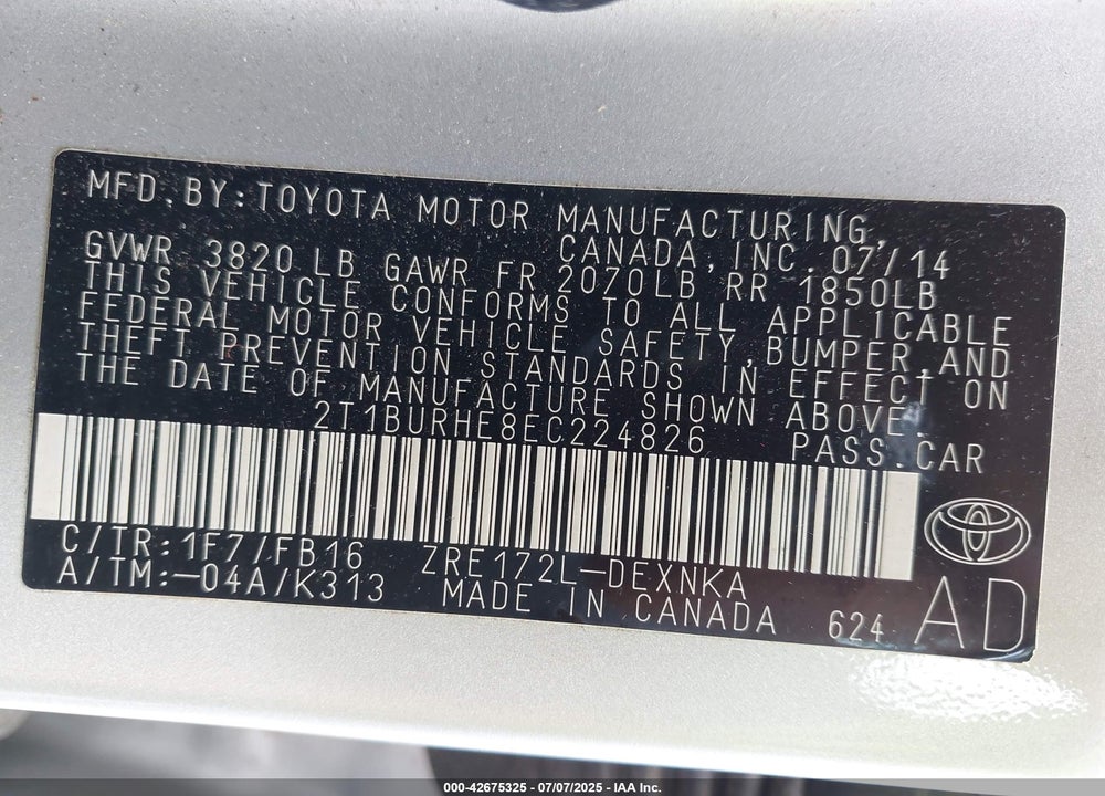 2014 TOYOTA COROLLA VIN: 2T1BURHE8EC224826