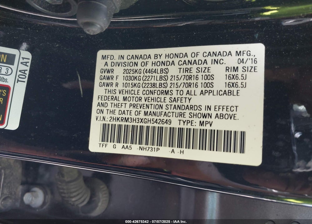 2016 HONDA CR-V VIN: 2HKRM3H3XGH542649