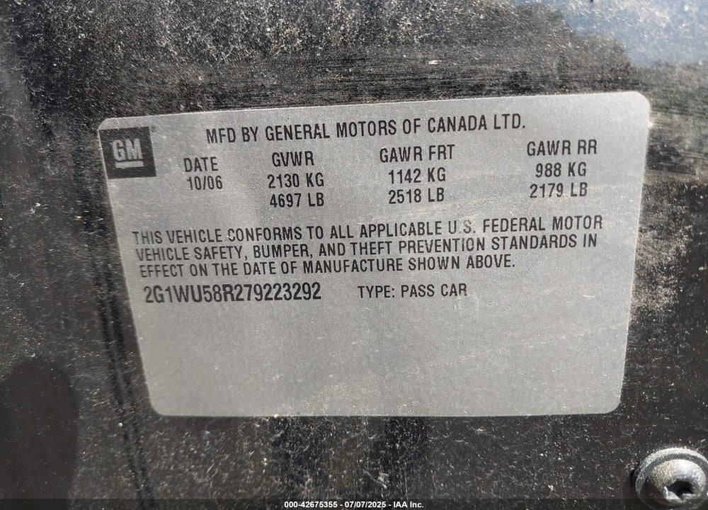 2007 CHEVROLET IMPALA VIN: 2G1WU58R279223292