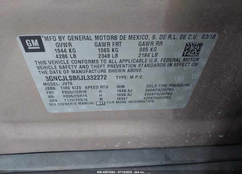 2018 CHEVROLET TRAX VIN: 3GNCJLSB6JL332272