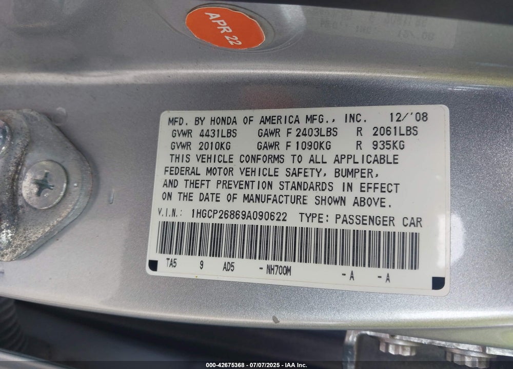 2009 HONDA ACCORD VIN: 1HGCP26869A090622