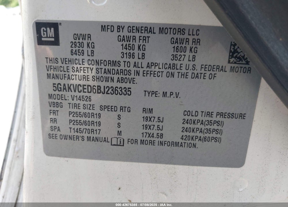 2011 BUICK ENCLAVE VIN: 5GAKVCED6BJ236335